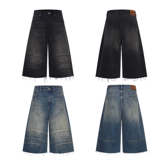 BLIND NO PLAN Washed and Aged Biker Denim Baggy Shorts | Face 3 Face