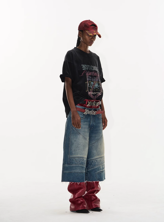 BLIND NO PLAN Washed and Aged Biker Denim Baggy Shorts | Face 3 Face