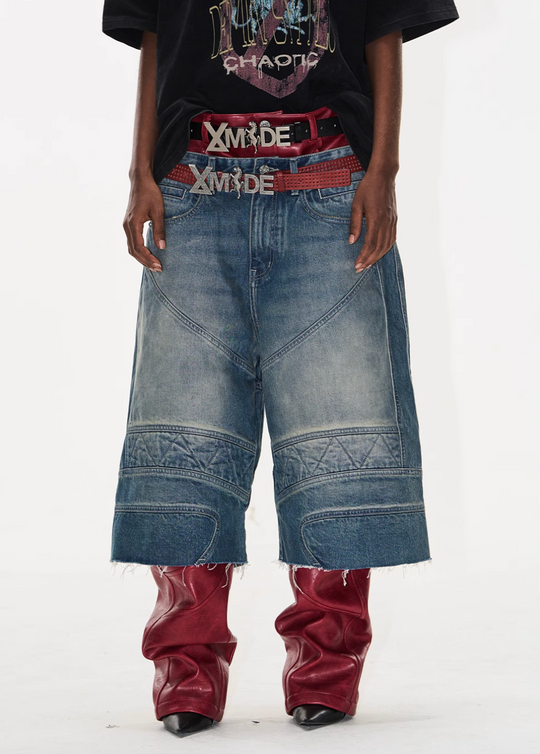 BLIND NO PLAN Washed and Aged Biker Denim Baggy Shorts | Face 3 Face