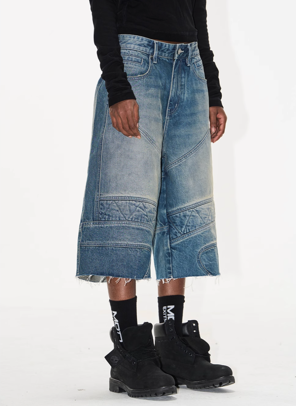 BLIND NO PLAN Washed and Aged Biker Denim Baggy Shorts | Face 3 Face