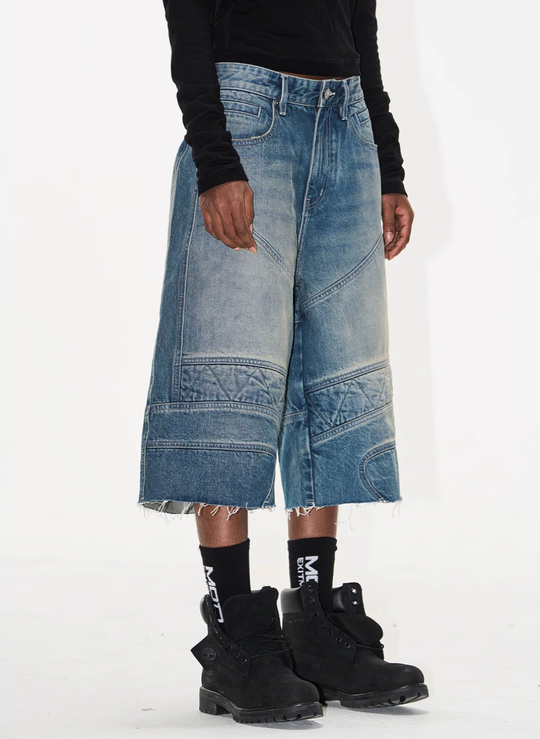 BLIND NO PLAN Washed and Aged Biker Denim Baggy Shorts | Face 3 Face