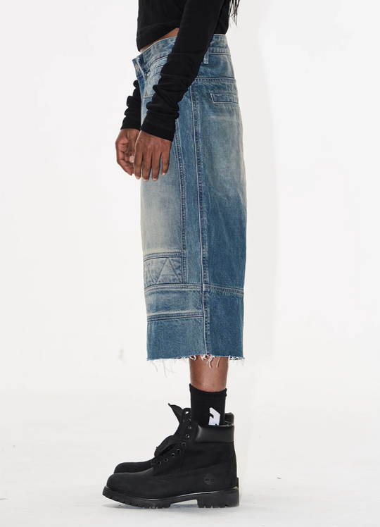 BLIND NO PLAN Washed and Aged Biker Denim Baggy Shorts | Face 3 Face