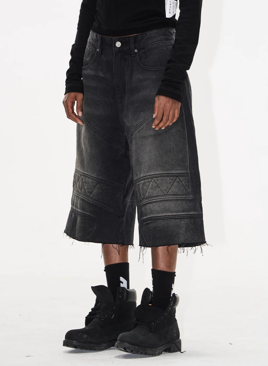 BLIND NO PLAN Washed and Aged Biker Denim Baggy Shorts | Face 3 Face