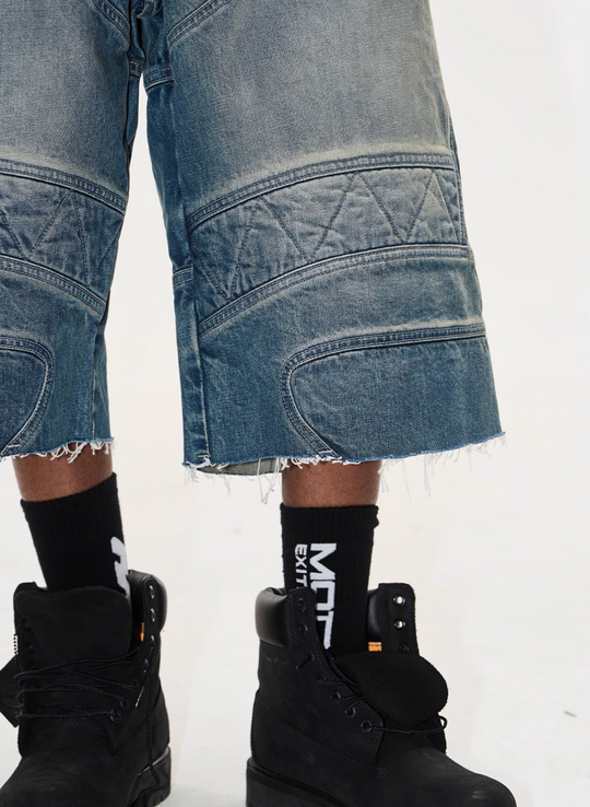 BLIND NO PLAN Washed and Aged Biker Denim Baggy Shorts | Face 3 Face