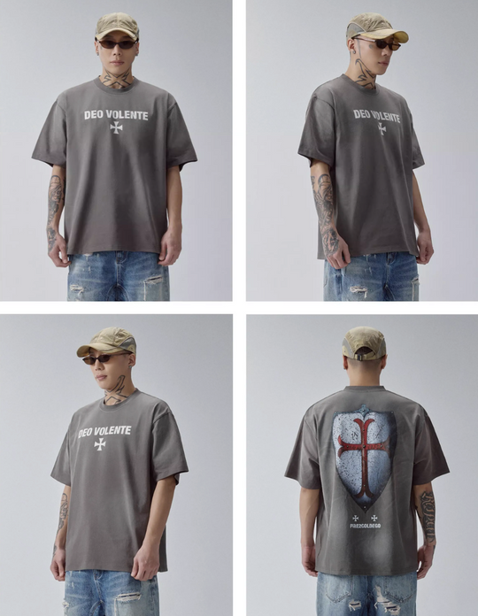 F2CE Washed Gradient Cracked Old Shield Print Tee | Face 3 Face