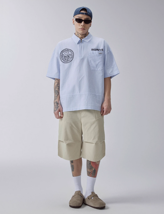 F2CE Printed Striped Short-Sleeve Pullover Shirt | Face 3 Face