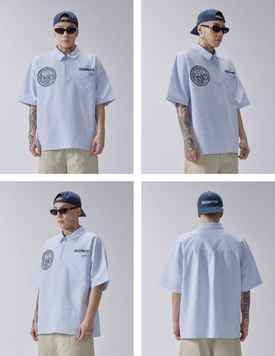 F2CE Printed Striped Short-Sleeve Pullover Shirt | Face 3 Face