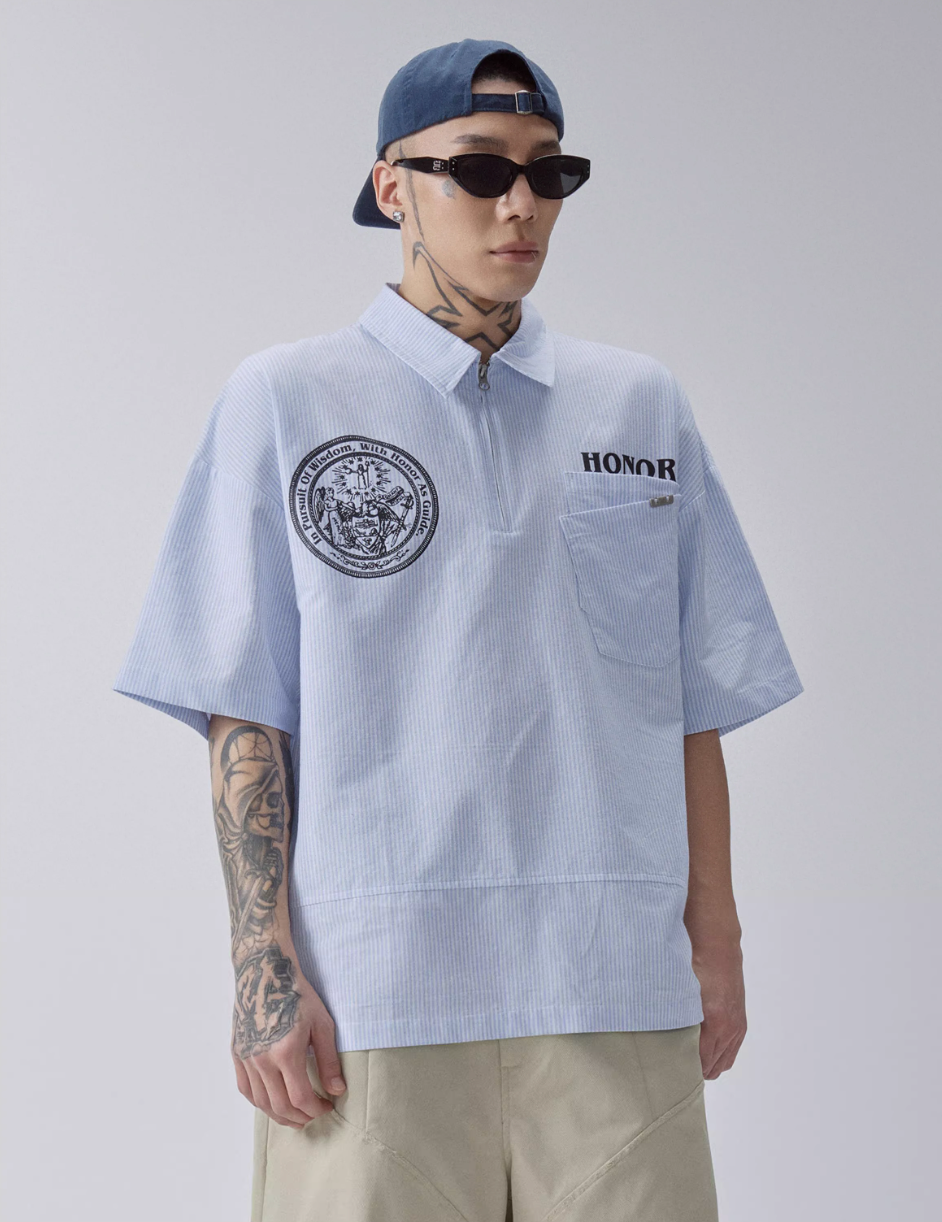 F2CE Printed Striped Short-Sleeve Pullover Shirt | Face 3 Face