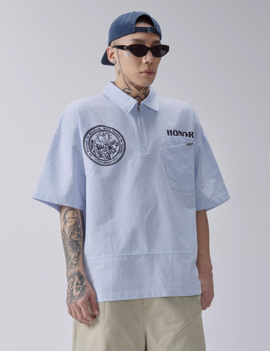 F2CE Printed Striped Short-Sleeve Pullover Shirt | Face 3 Face