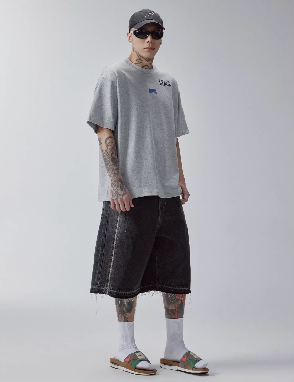 F2CE Washed and Aged Spliced Denim Shorts | Face 3 Face