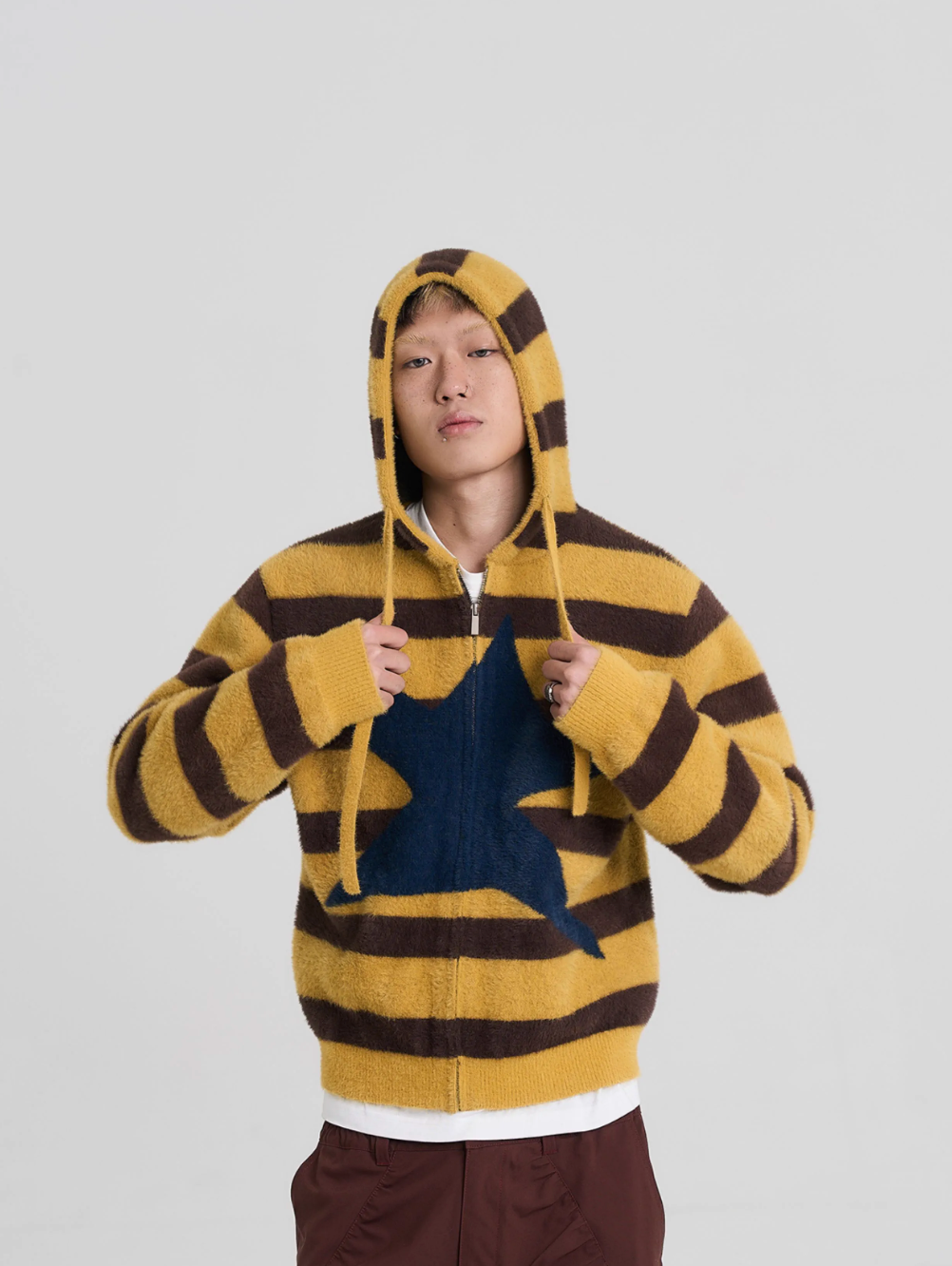 EVILKNIGHT(EK) Striped Star Knit Zip-Up Hoodie | Face 3 Face