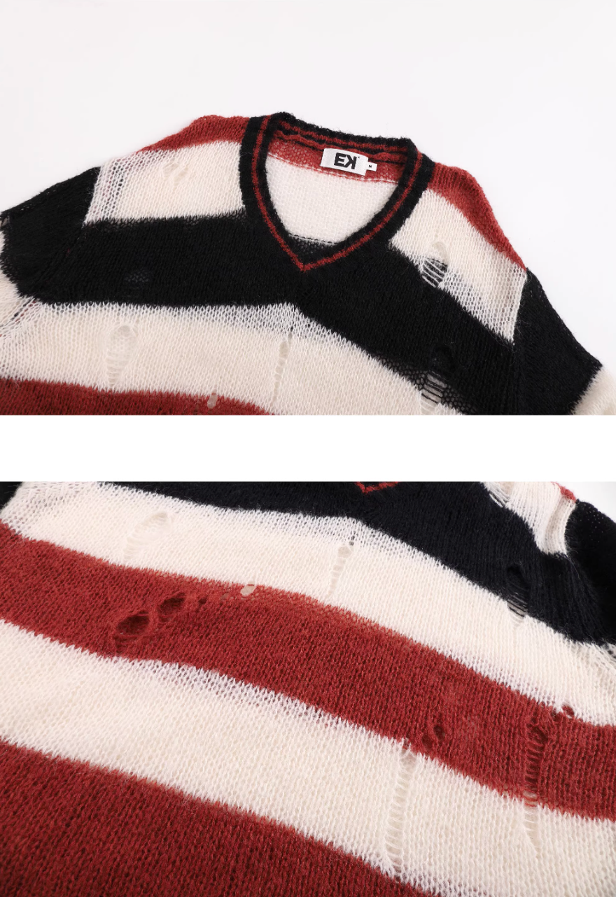 EVILKNIGHT(EK) Striped Colorblocking Distressed V-Neck Knit Sweater | Face 3 Face