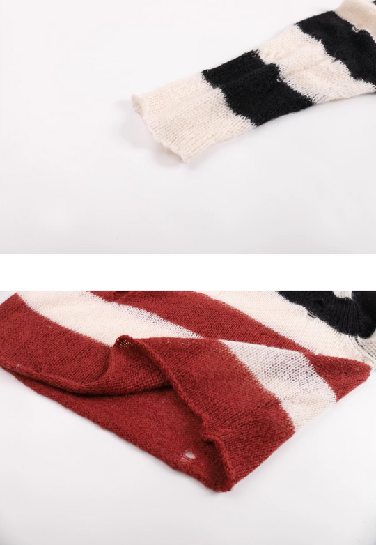 EVILKNIGHT(EK) Striped Colorblocking Distressed V-Neck Knit Sweater | Face 3 Face