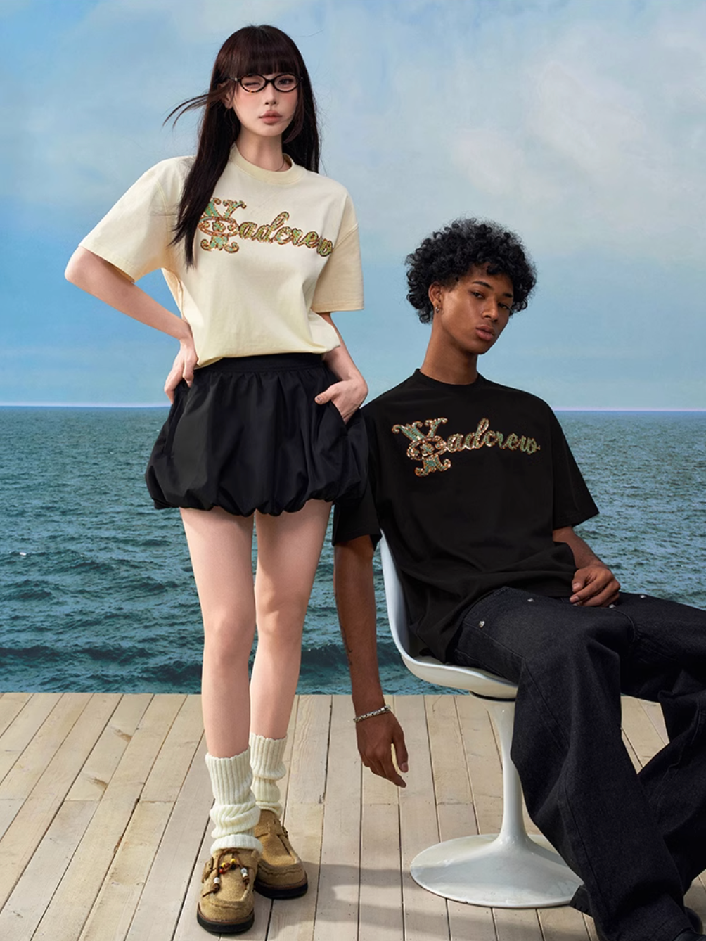 YADcrew Sequin and Bead Logo Embroidery Tee | Face 3 Face