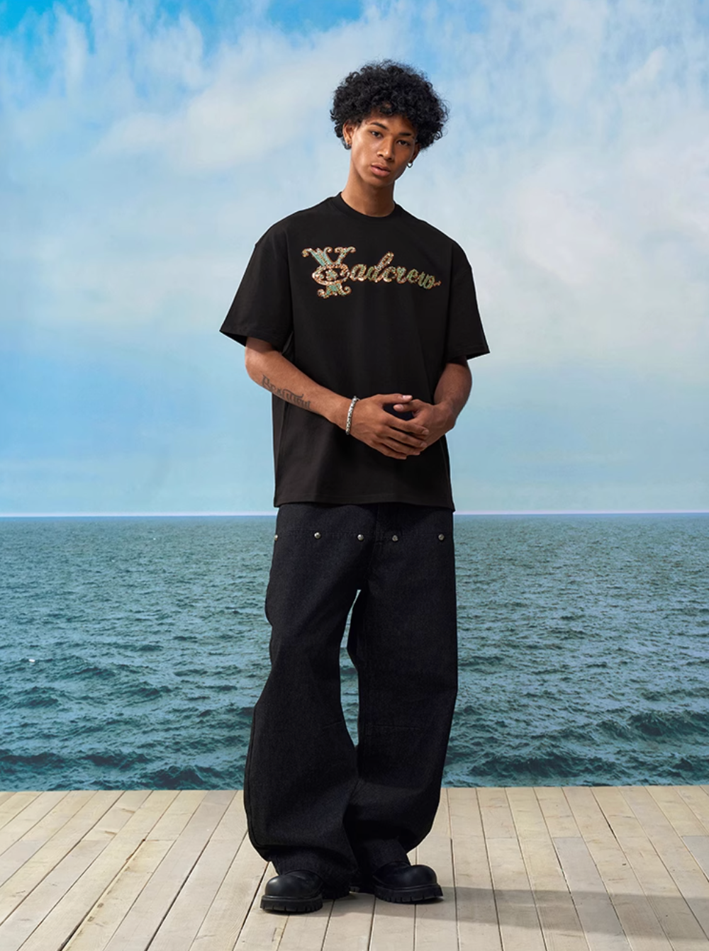 YADcrew Sequin and Bead Logo Embroidery Tee | Face 3 Face