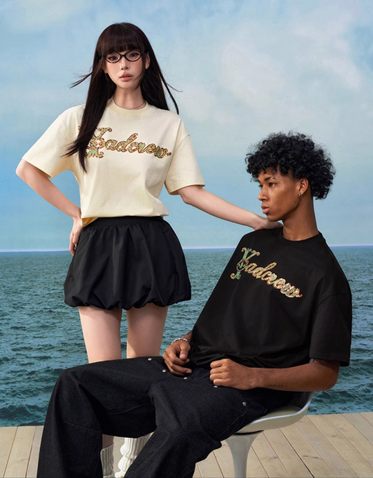 YADcrew Sequin and Bead Logo Embroidery Tee | Face 3 Face