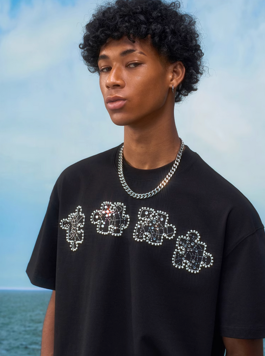 YADcrew Rhinestone Pearl Puzzle Logo Tee | Face 3 Face