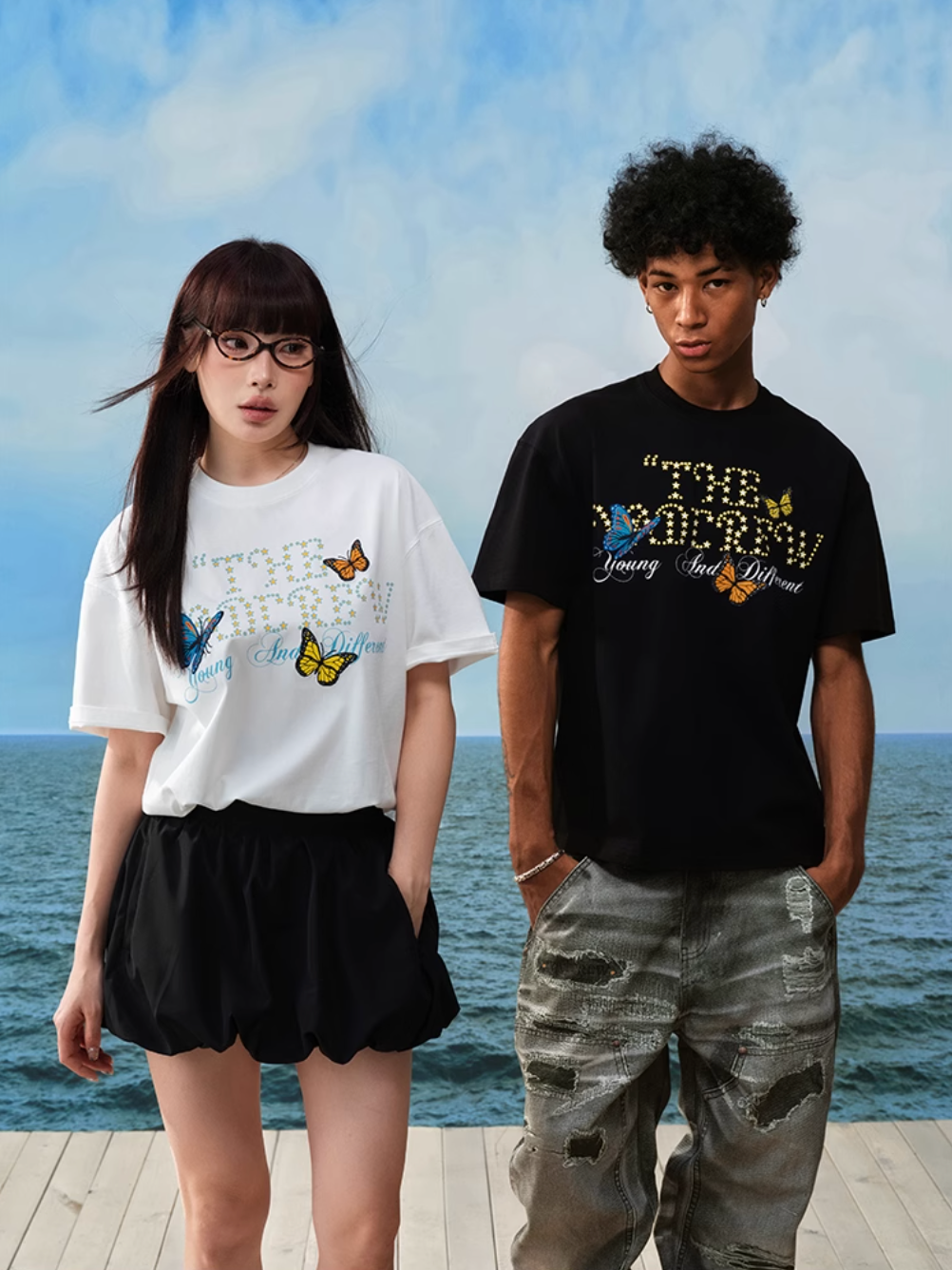 YADcrew Butterfly Embroidery Star Foam Print Tee | Face 3 Face