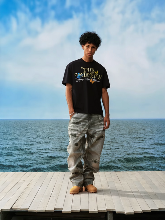 YADcrew Butterfly Embroidery Star Foam Print Tee | Face 3 Face