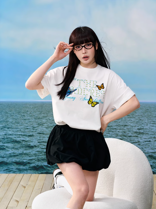 YADcrew Butterfly Embroidery Star Foam Print Tee | Face 3 Face