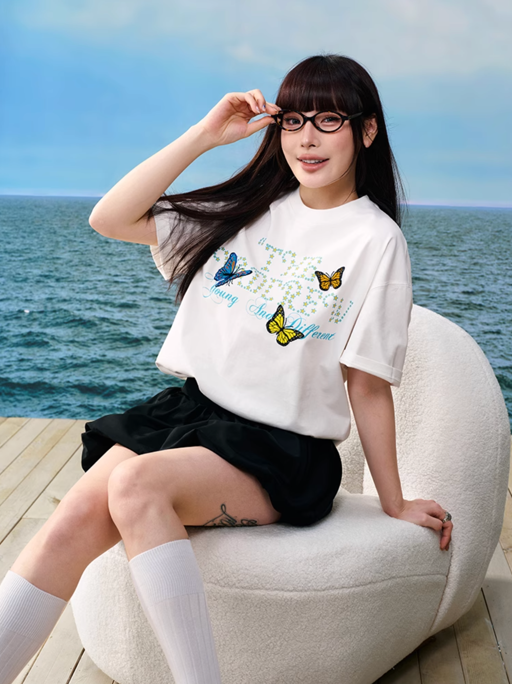 YADcrew Butterfly Embroidery Star Foam Print Tee | Face 3 Face