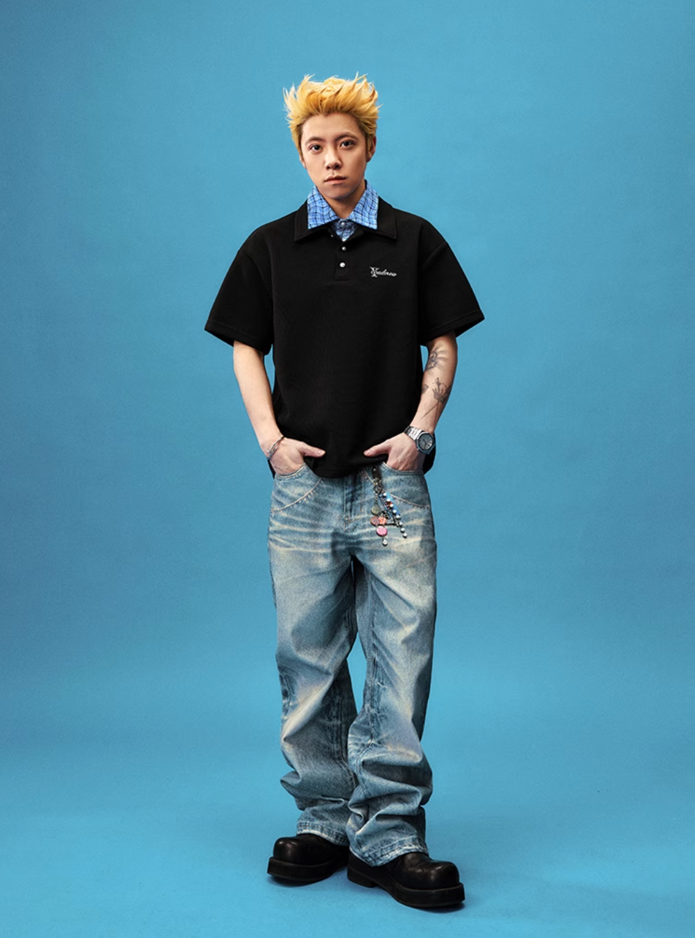 YADcrew Double Collar Layered Twisted Plaid Polo | Face 3 Face