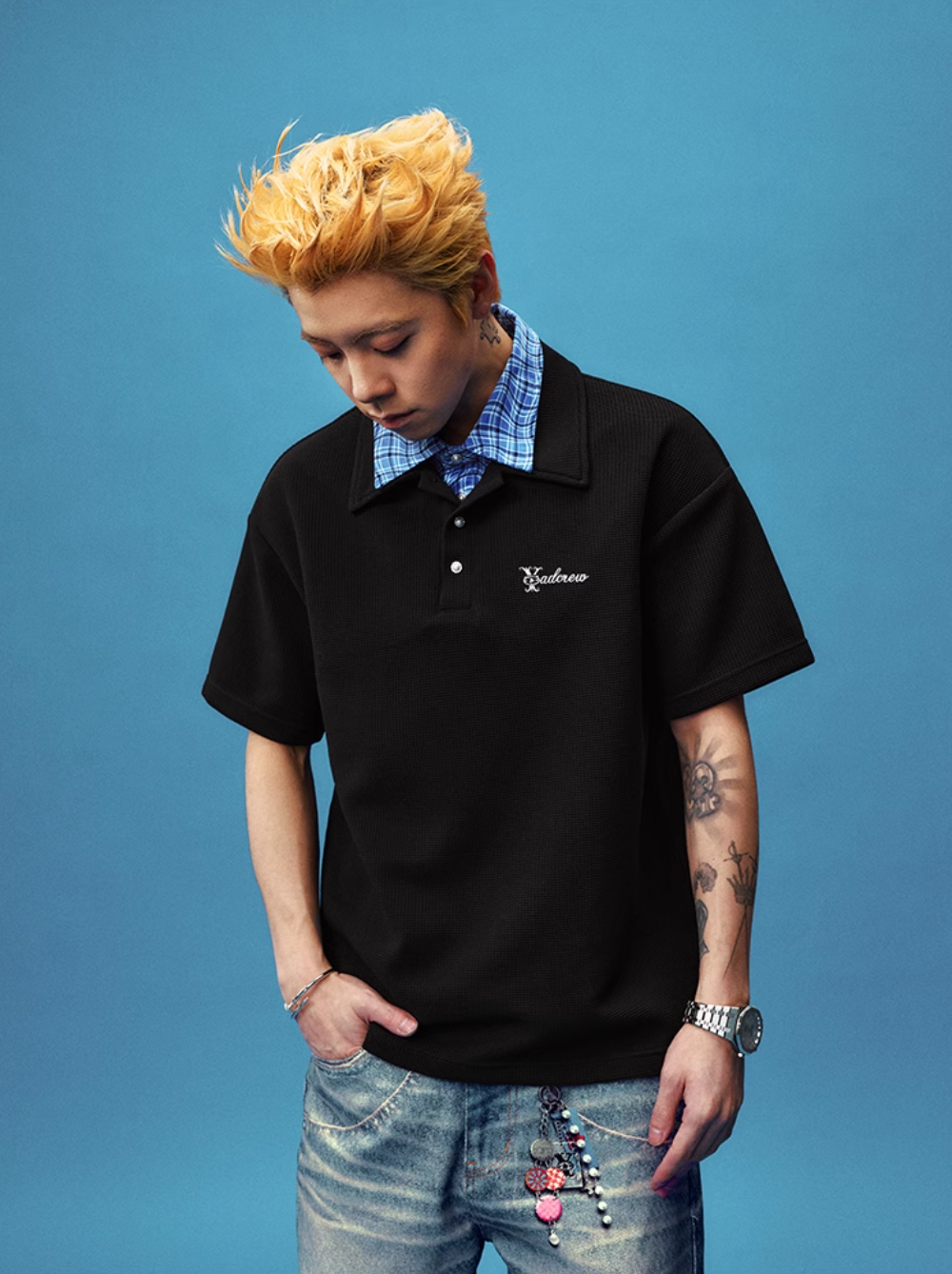 YADcrew Double Collar Layered Twisted Plaid Polo | Face 3 Face