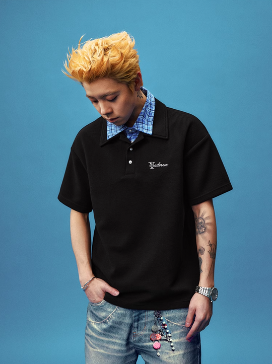 YADcrew Double Collar Layered Twisted Plaid Polo | Face 3 Face