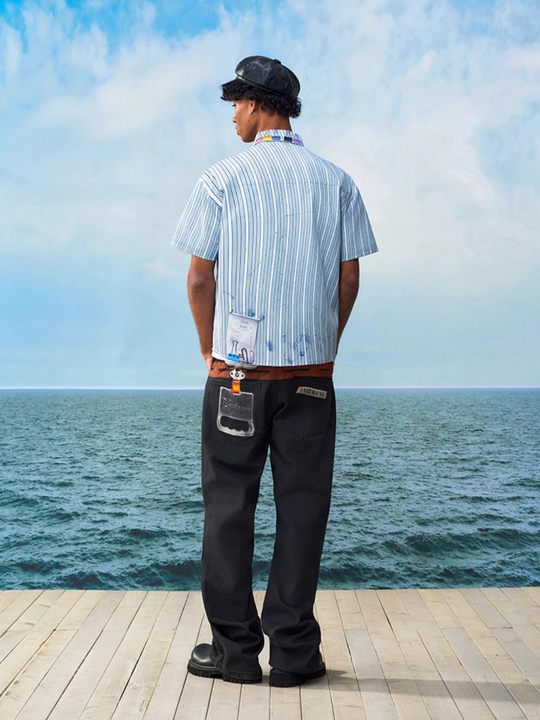 YADcrew Wavy Stripe Tie-Print Short Sleeve Shirt | Face 3 Face