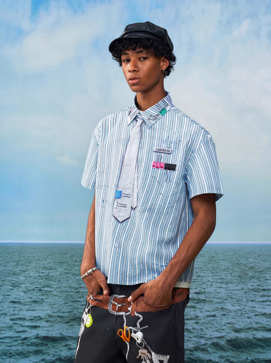 YADcrew Wavy Stripe Tie-Print Short Sleeve Shirt | Face 3 Face