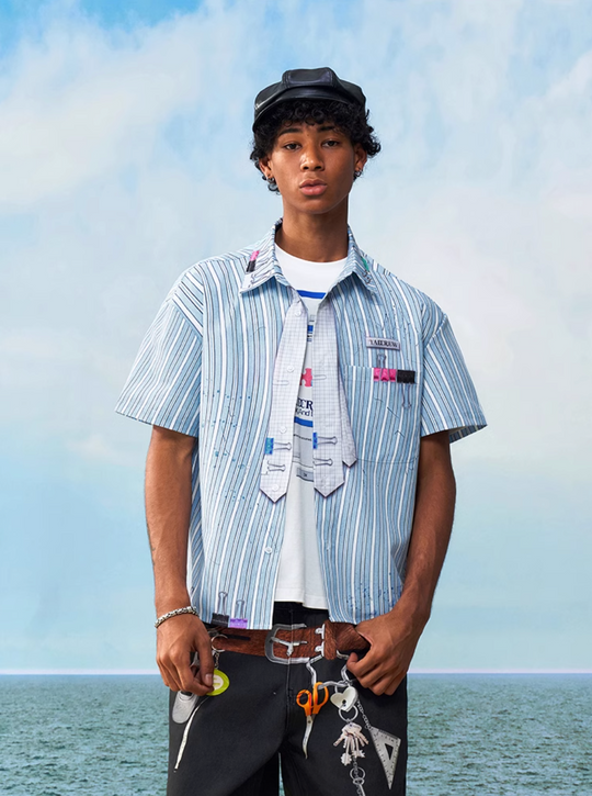 YADcrew Wavy Stripe Tie-Print Short Sleeve Shirt | Face 3 Face