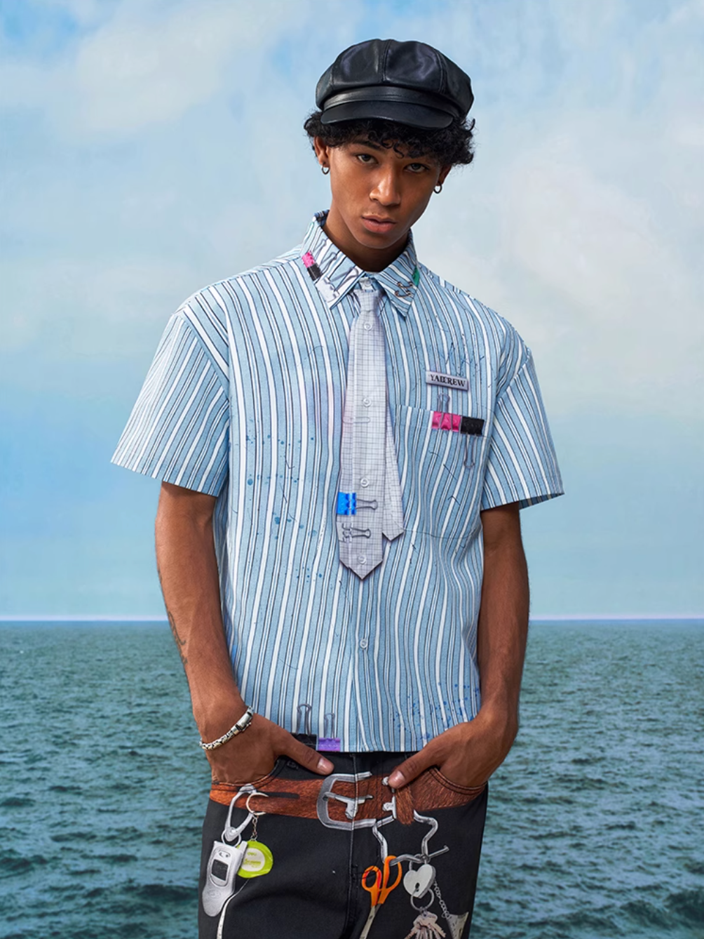 YADcrew Wavy Stripe Tie-Print Short Sleeve Shirt | Face 3 Face