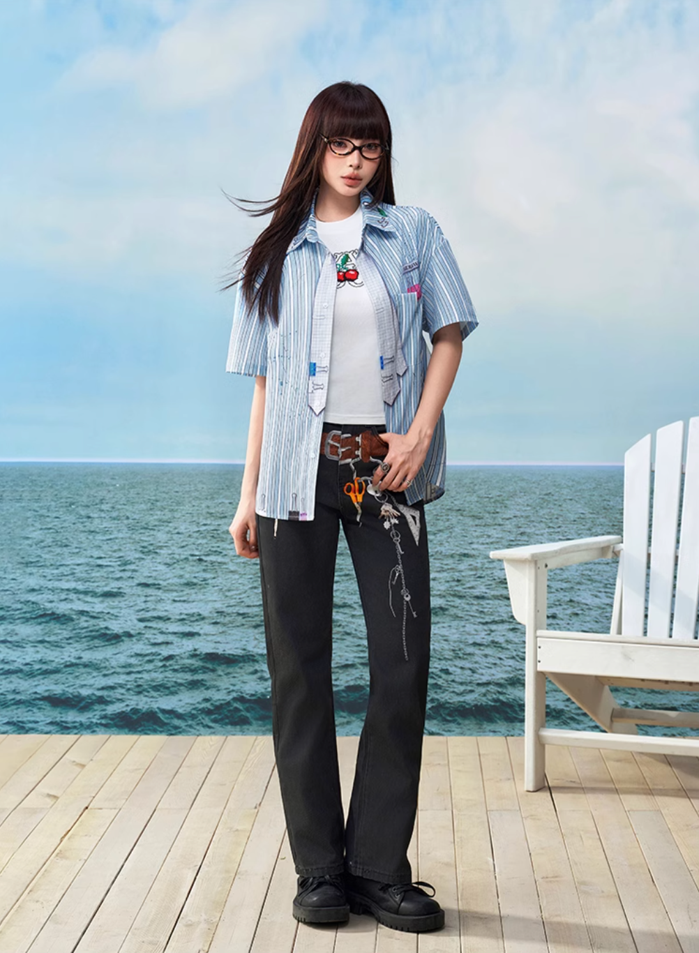 YADcrew Wavy Stripe Tie-Print Short Sleeve Shirt | Face 3 Face