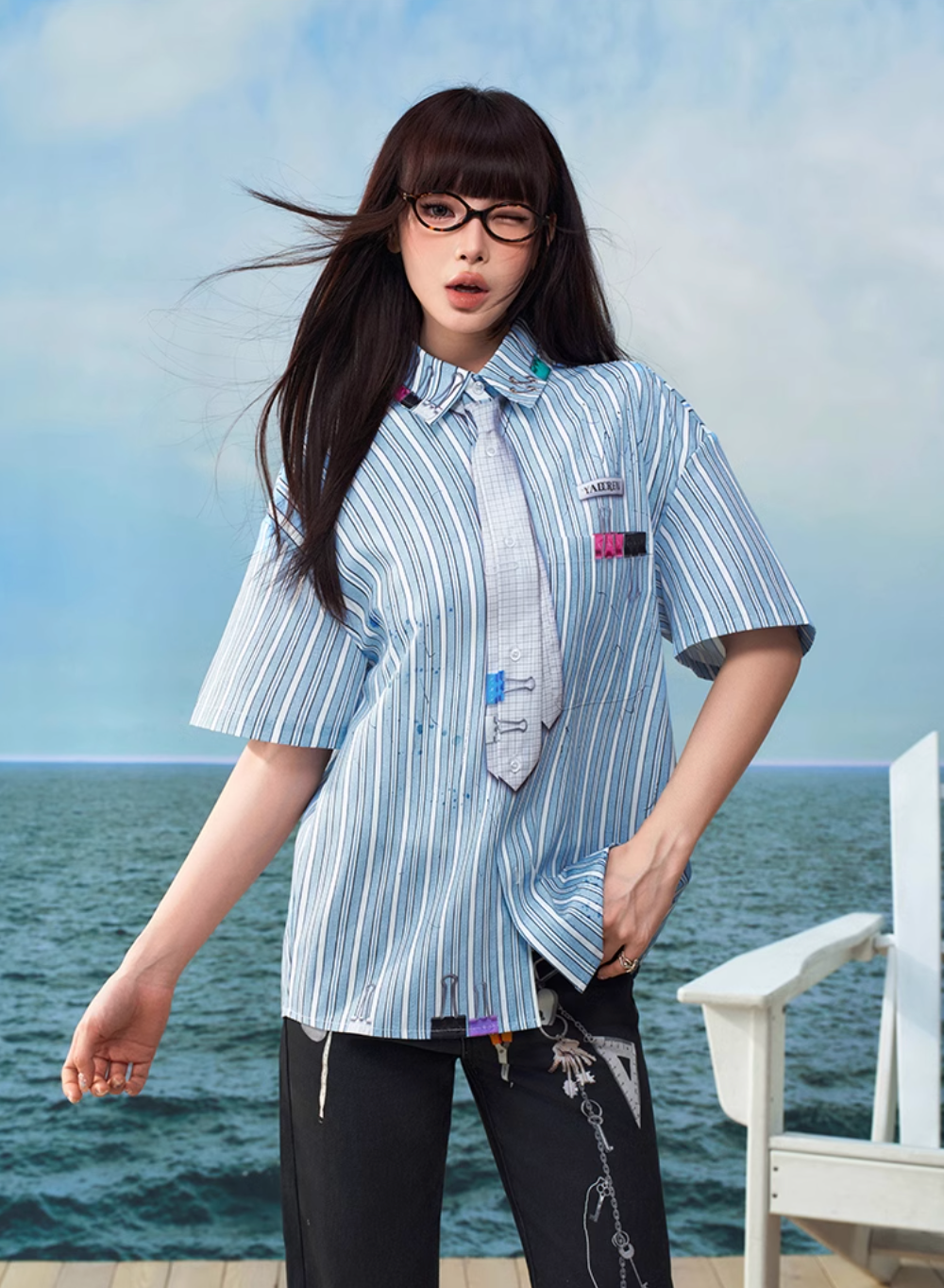 YADcrew Wavy Stripe Tie-Print Short Sleeve Shirt | Face 3 Face