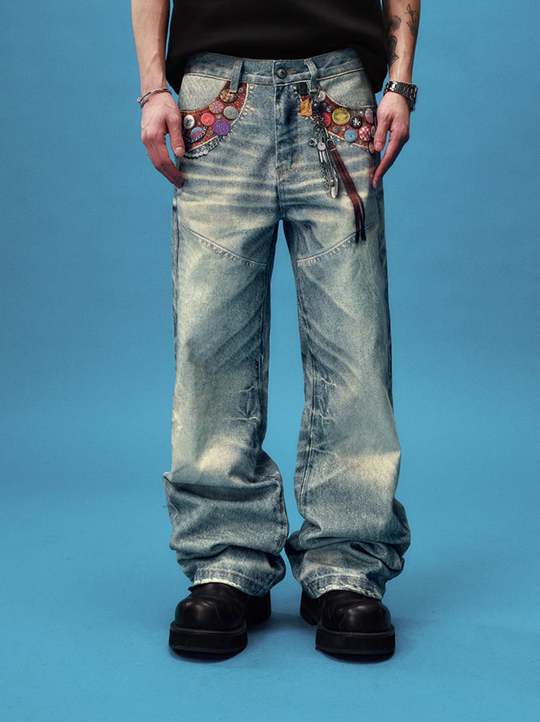 YADcrew Bottle Cap Badge Print Jeans | Face 3 Face