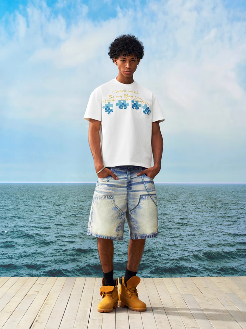 YADcrew Turquoise Double Knee Print Denim Shorts | Face 3 Face