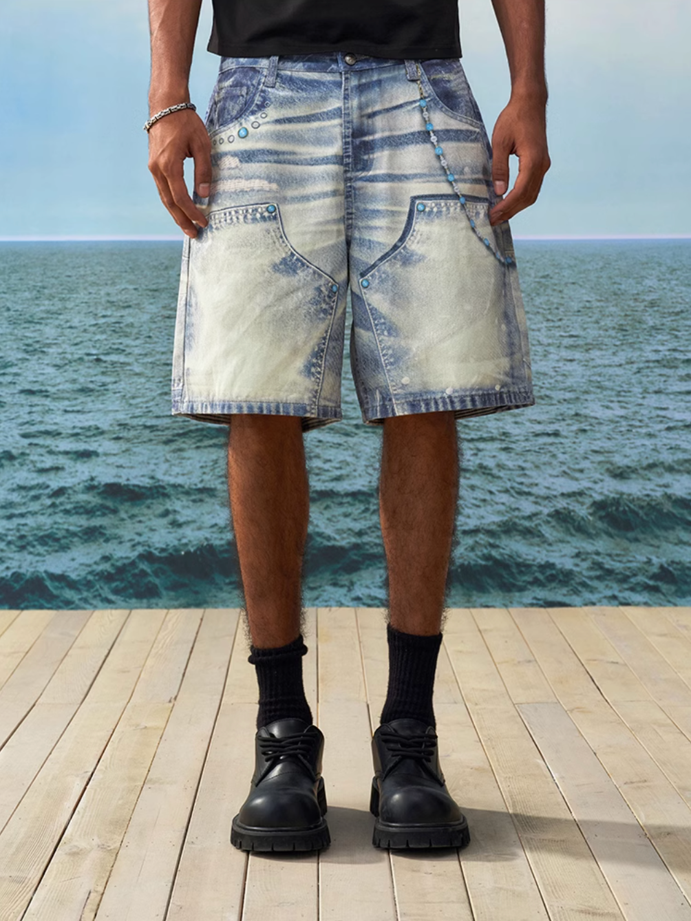 YADcrew Turquoise Double Knee Print Denim Shorts | Face 3 Face