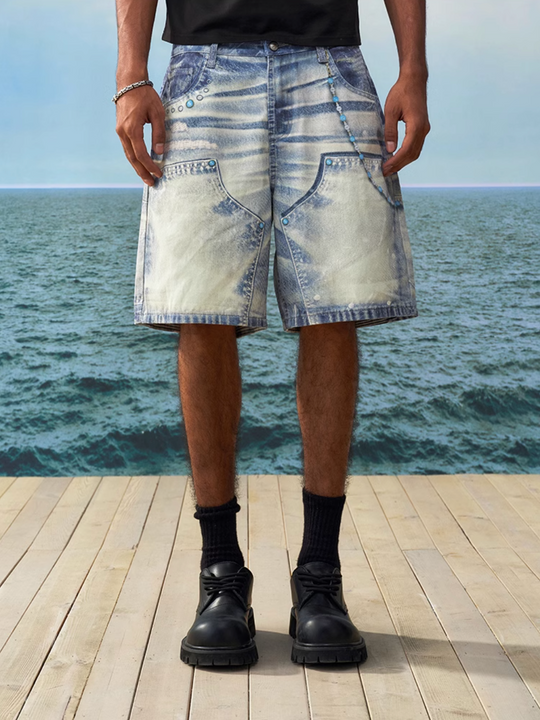 YADcrew Turquoise Double Knee Print Denim Shorts | Face 3 Face