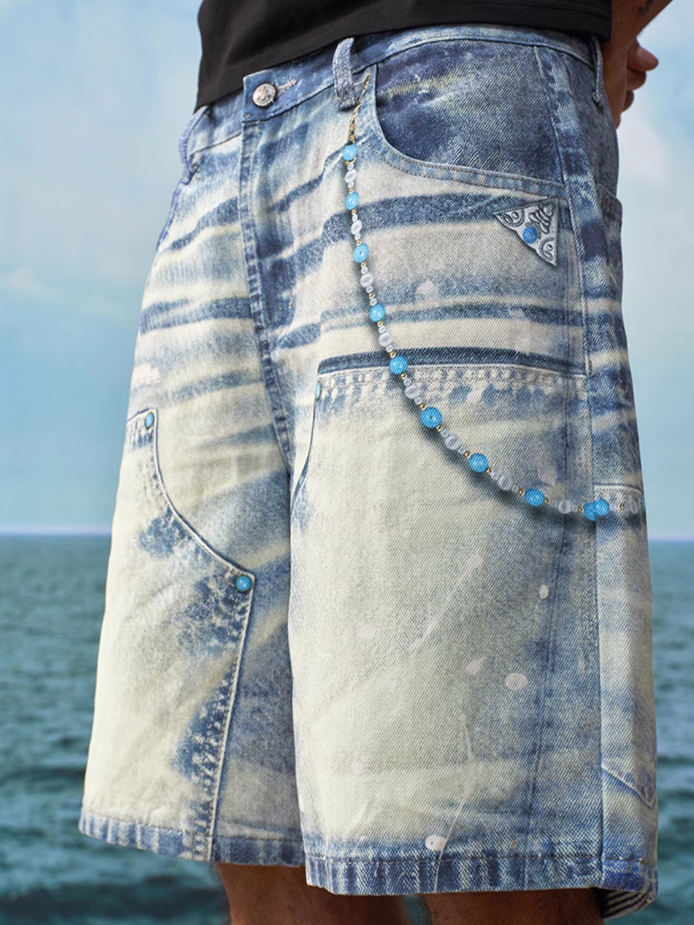 YADcrew Turquoise Double Knee Print Denim Shorts | Face 3 Face