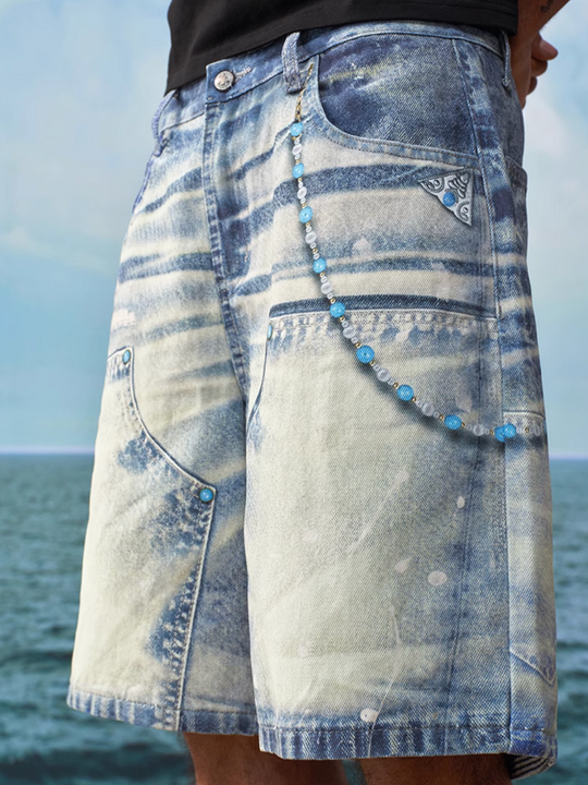 YADcrew Turquoise Double Knee Print Denim Shorts | Face 3 Face