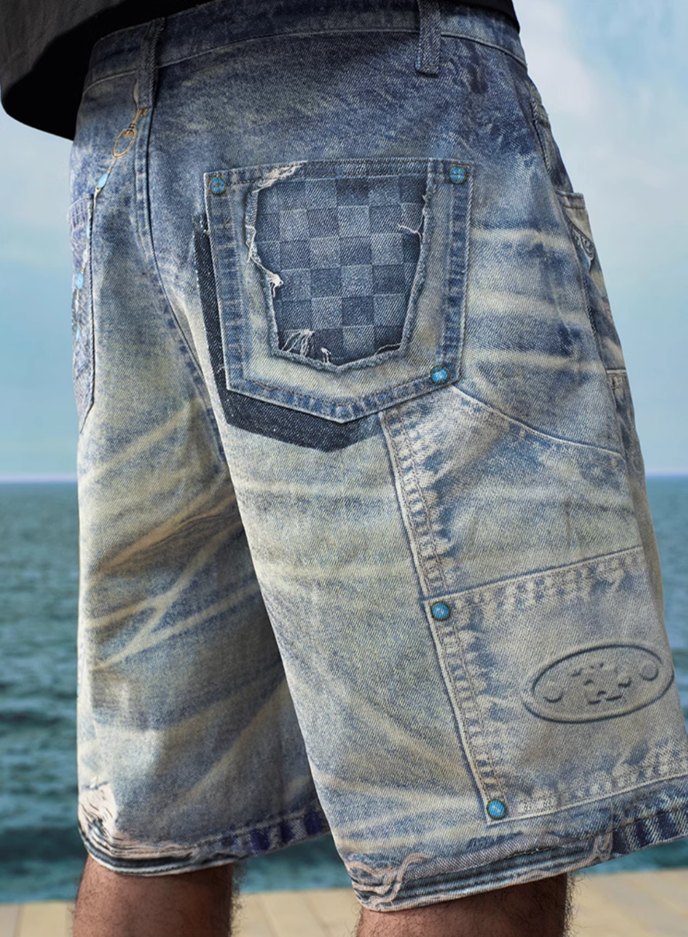 YADcrew Turquoise Double Knee Print Denim Shorts | Face 3 Face