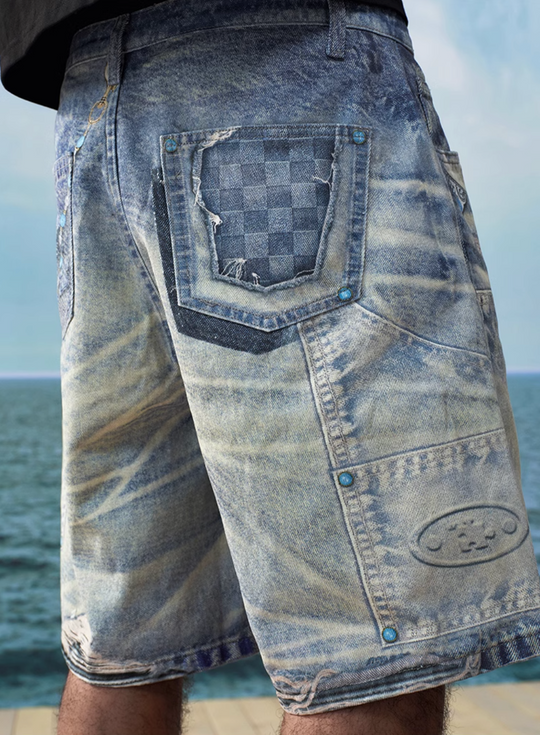 YADcrew Turquoise Double Knee Print Denim Shorts | Face 3 Face