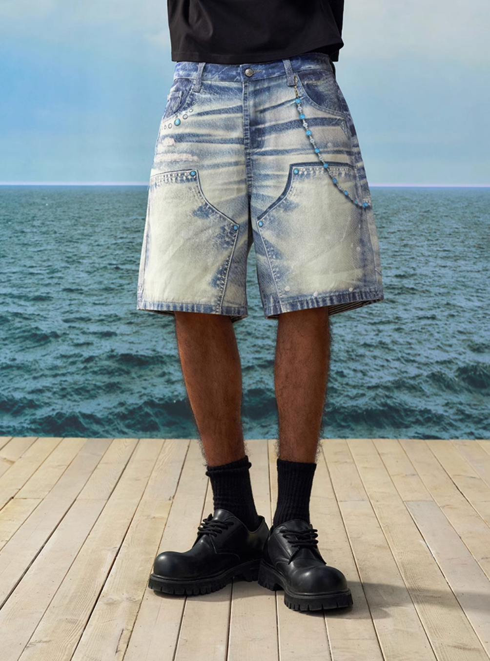 YADcrew Turquoise Double Knee Print Denim Shorts | Face 3 Face