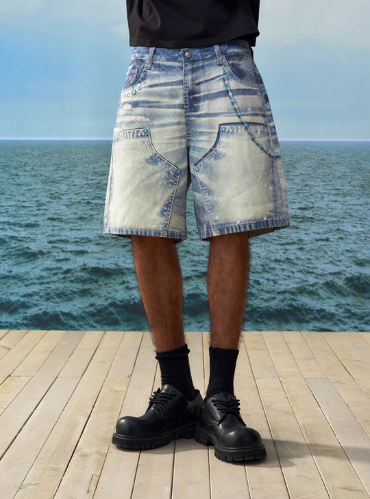 YADcrew Turquoise Double Knee Print Denim Shorts | Face 3 Face