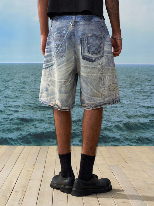 YADcrew Turquoise Double Knee Print Denim Shorts | Face 3 Face