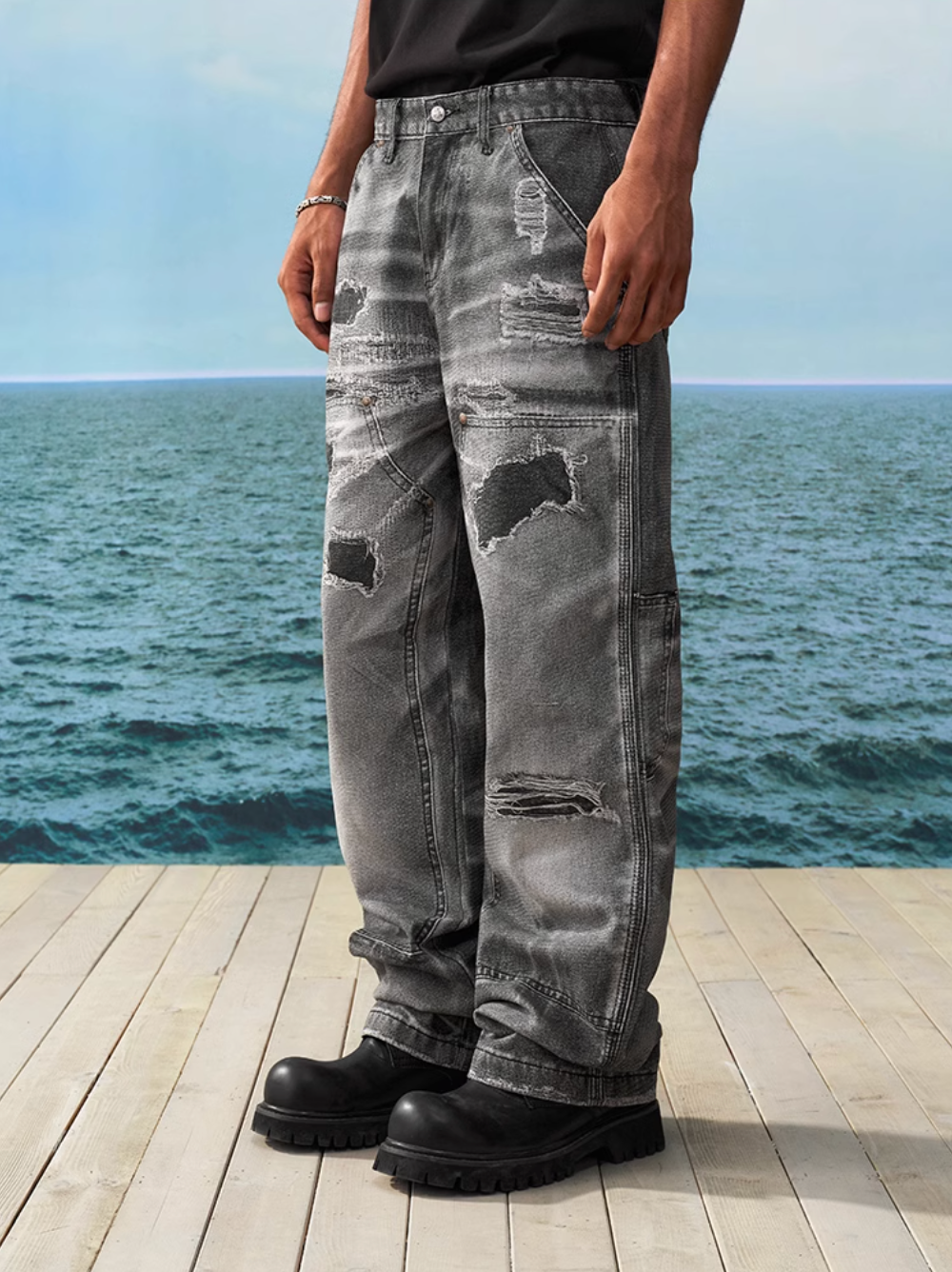 YADcrew Needle Stitch Hole Double Knee Print Jeans | Face 3 Face