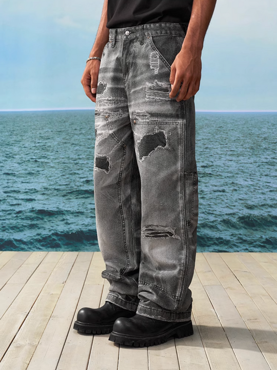 YADcrew Needle Stitch Hole Double Knee Print Jeans | Face 3 Face