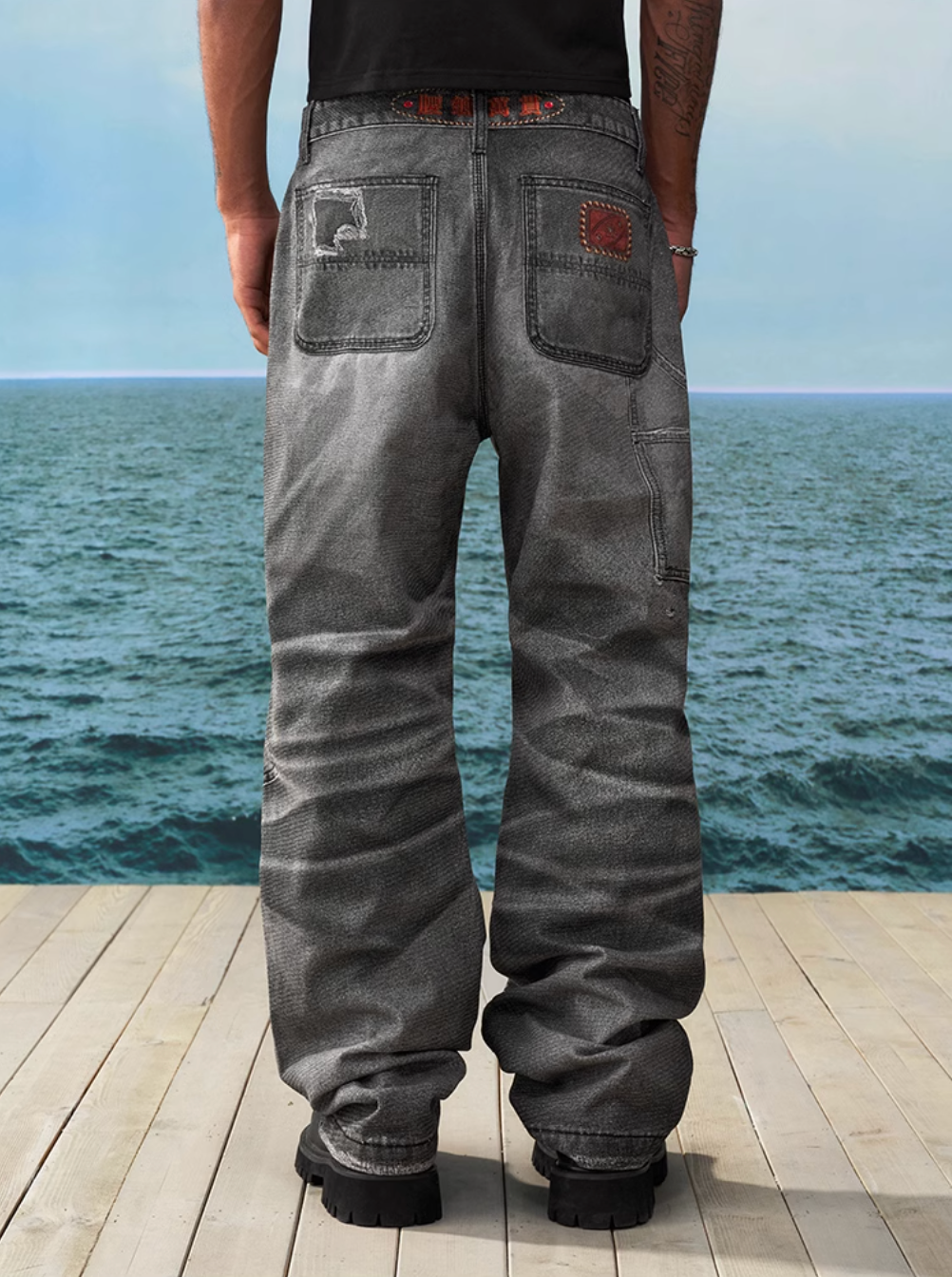 YADcrew Needle Stitch Hole Double Knee Print Jeans | Face 3 Face