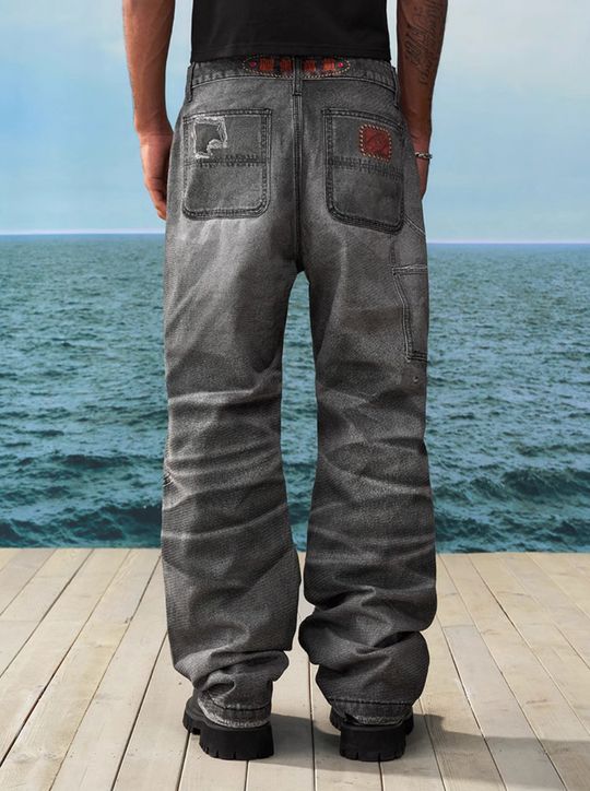 YADcrew Needle Stitch Hole Double Knee Print Jeans | Face 3 Face