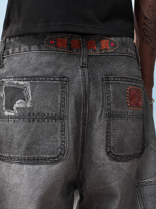 YADcrew Needle Stitch Hole Double Knee Print Jeans | Face 3 Face